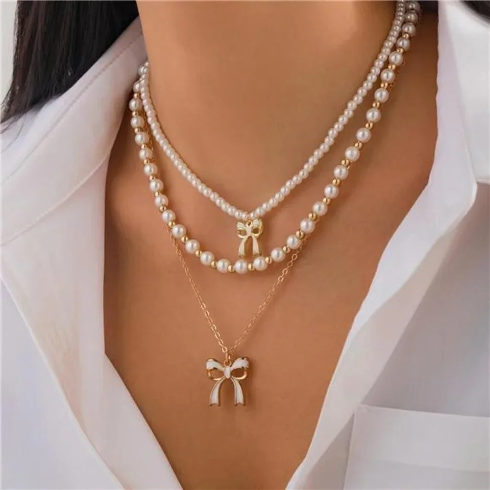 3 Pcs Gold Tone and Faux Pearl Layered Chunky Statement Stackable Necklaces - Picture 6 of 6